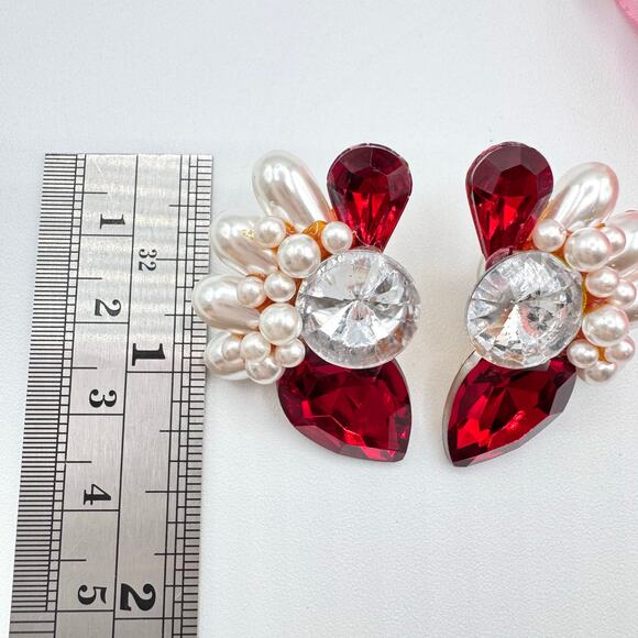 Vintage Big Red Rhinestone Faux Pearl Cluster Earrings Ballroom Dance Pageant - Picture 7 of 7